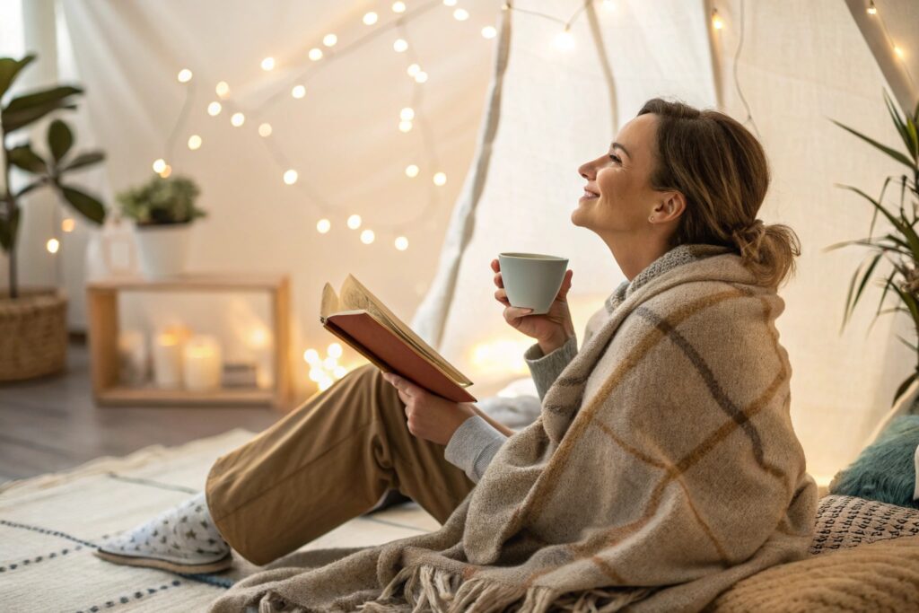 Cena de autocuidado: mulher relaxando com chá, livro e cobertor, em um ambiente aconchegante.