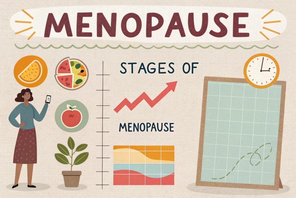 Ilustração educativa mostrando as fases da menopausa com gráficos simples e coloridos.