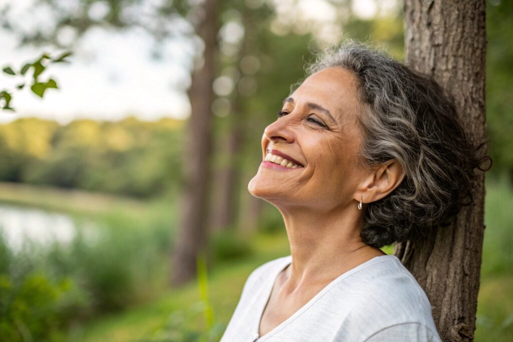 Mulher madura sorrindo, com fundo natural, transmitindo bem-estar e serenidade.